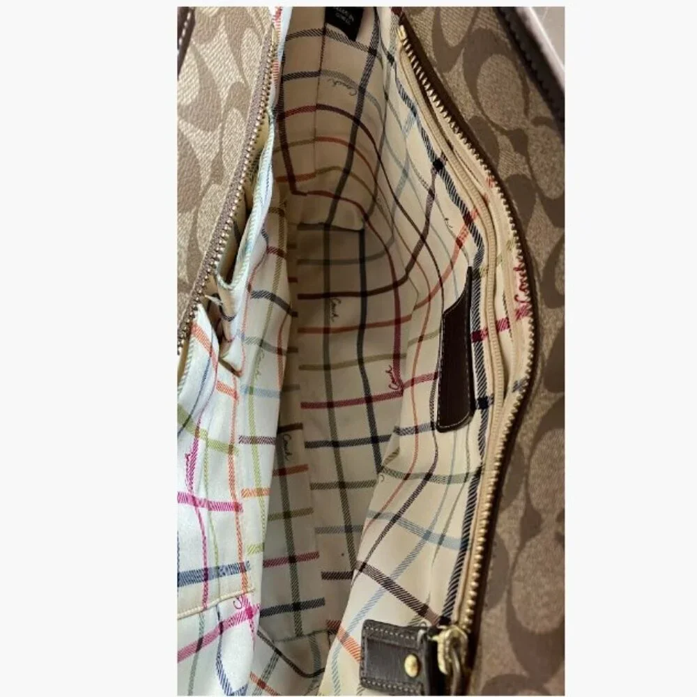 Coach Brown Signature Coated Canvas Leather Heritage Stripe Vintage Tote EUC